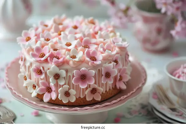 Pink and White Frosted Cake with Delicate Flower Decorations
