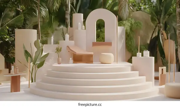 Minimalist 3D Render of a White and Gold Podium with Plants in the Background