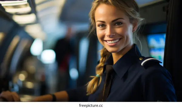 Portrait of a beautiful blonde female pilot in uniform smiling