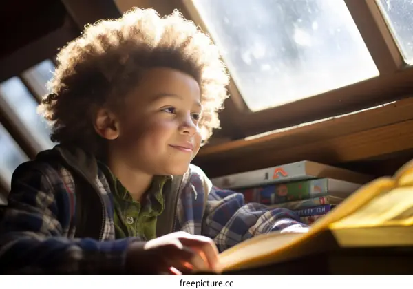 Young boy reading a book and looking out the window