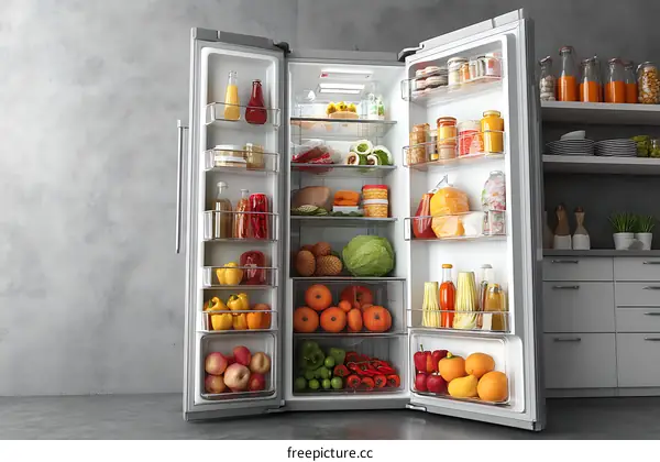 Full Open Modern Refrigerator Filled with Food