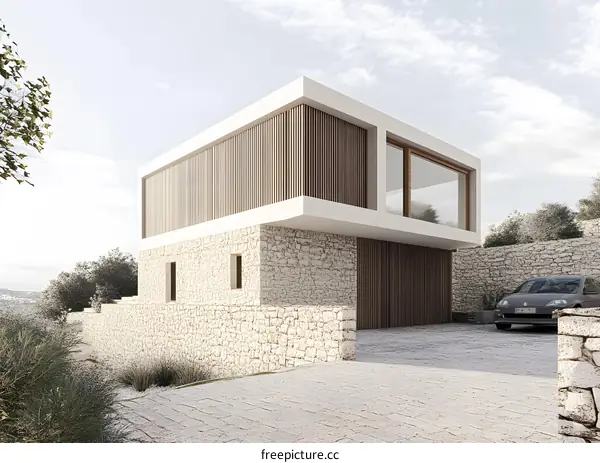 Modern House with Stone Wall and Wooden Facade