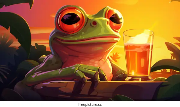 A green frog sits on a branch with a glass of beer in front of it