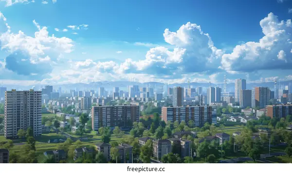 Aerial City View with Buildings and Greenery