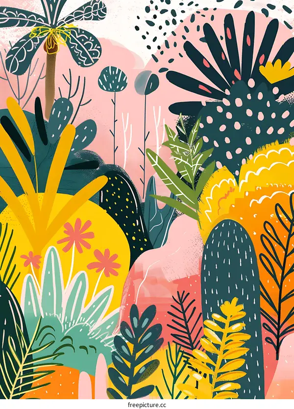 Abstract Floral Illustration with Pink and Yellow Background