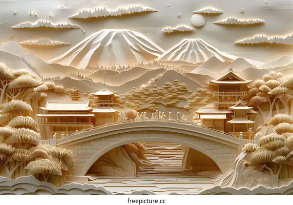 A paper cut artwork of a Japanese village
