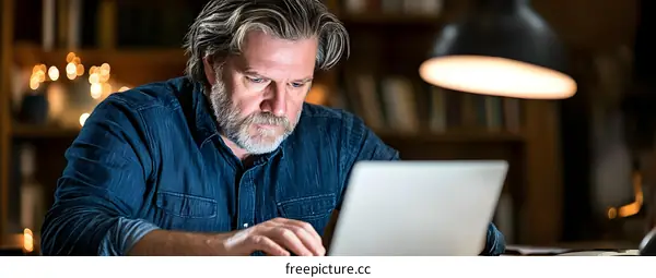 Senior Man Working on Laptop Computer at Home Office
