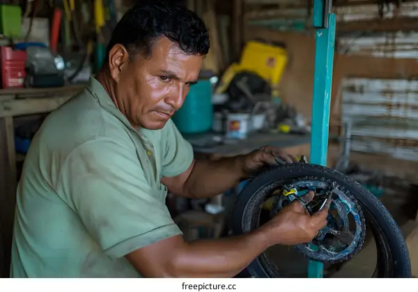Man Fixing Bike Tire in a Workshop