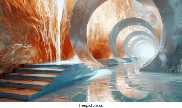 Abstract Futuristic Tunnel with Waterfalls