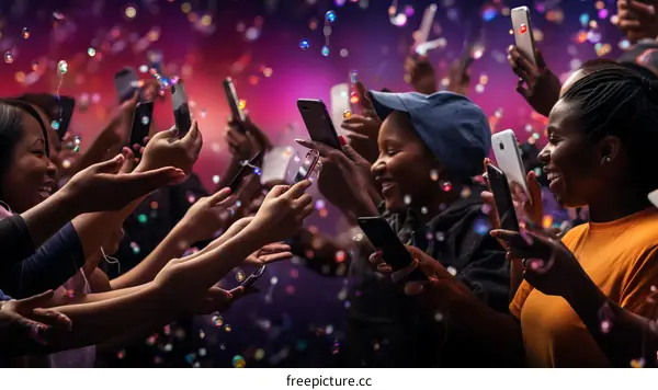 A group of people of African descent are holding their phones up in the air and taking pictures or videos of something in front of them. There is confetti falling from the ceiling.