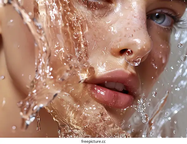 Water Splashing on Beautiful Woman Face Closeup