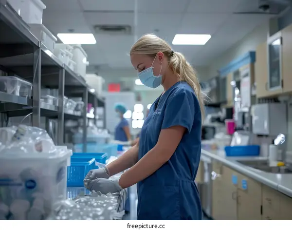 Female healthcare worker wearing a surgical mask and gloves while working in a hospital.