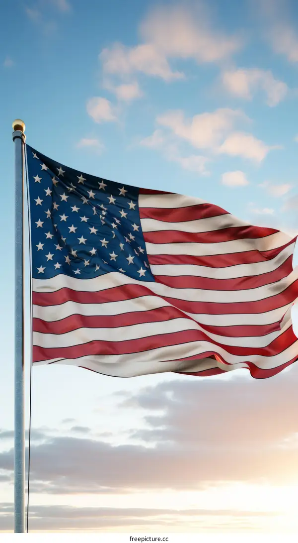 Waving American Flag Against Blue Sky