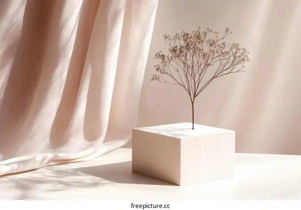 Minimalist Dried Flower Arrangement on a Wooden Cube
