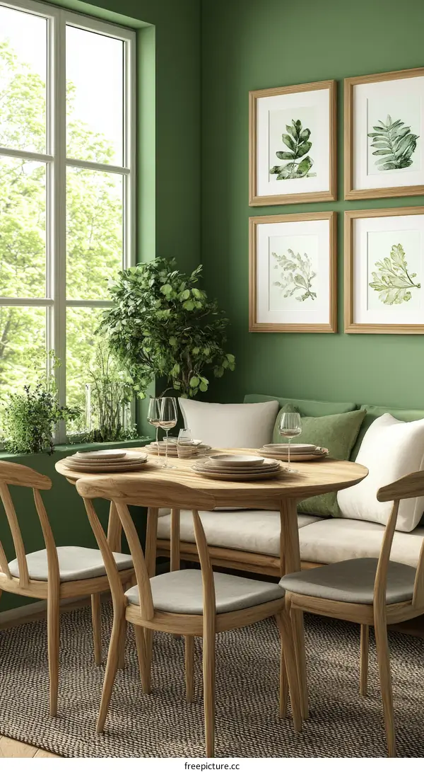 Green Dining Room with Botanical Artwork