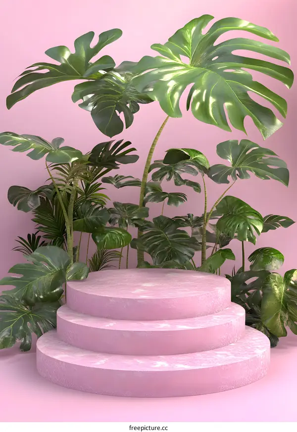 Pink Podium With Green Tropical Leaves