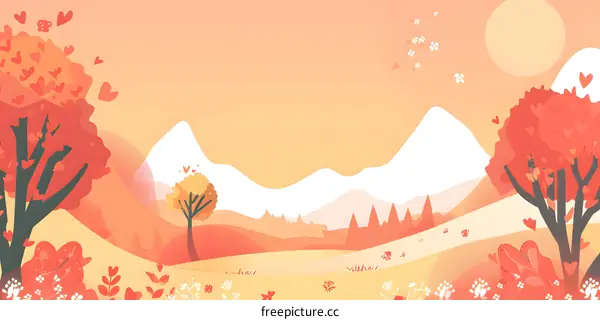 Beautiful Landscape Illustration with Mountains Trees and Hearts