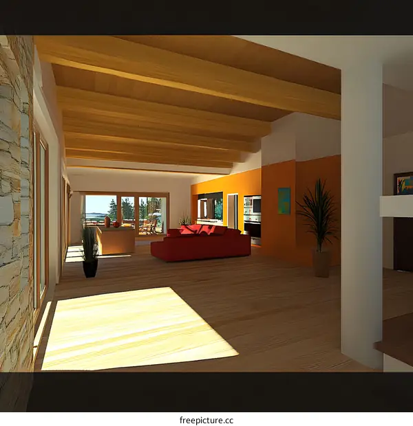 Modern Living Room Interior Design with Wooden Beams and Large Windows