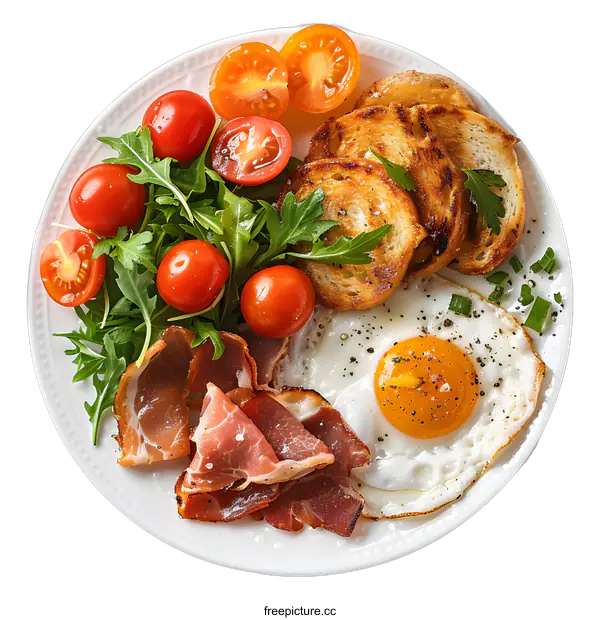 [Transparent Background PNG]Delicious Breakfast Plate With Fried Egg, Bacon, Toasted Bread, Cherry Tomatoes And Salad
