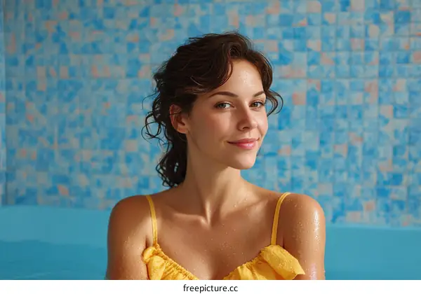 Woman in Yellow Dress against Blue Tile Wall