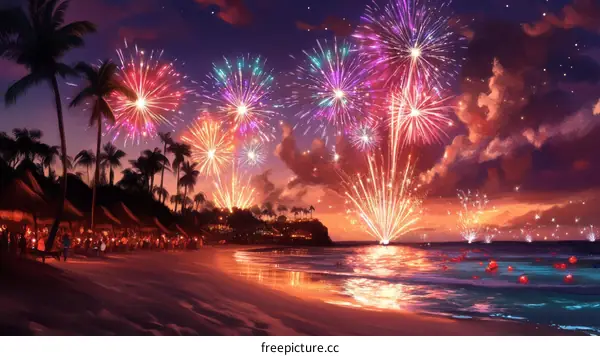 Beach Fireworks Celebration at Sunset