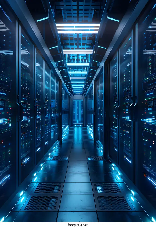 Futuristic server room with blue lights