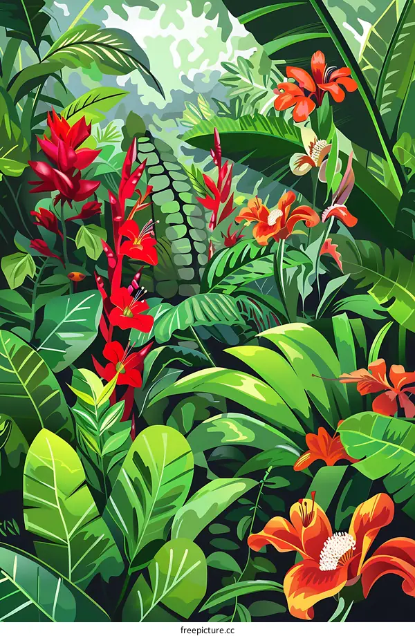 Tropical Rainforest Lush Green Foliage With Vibrant Flowers
