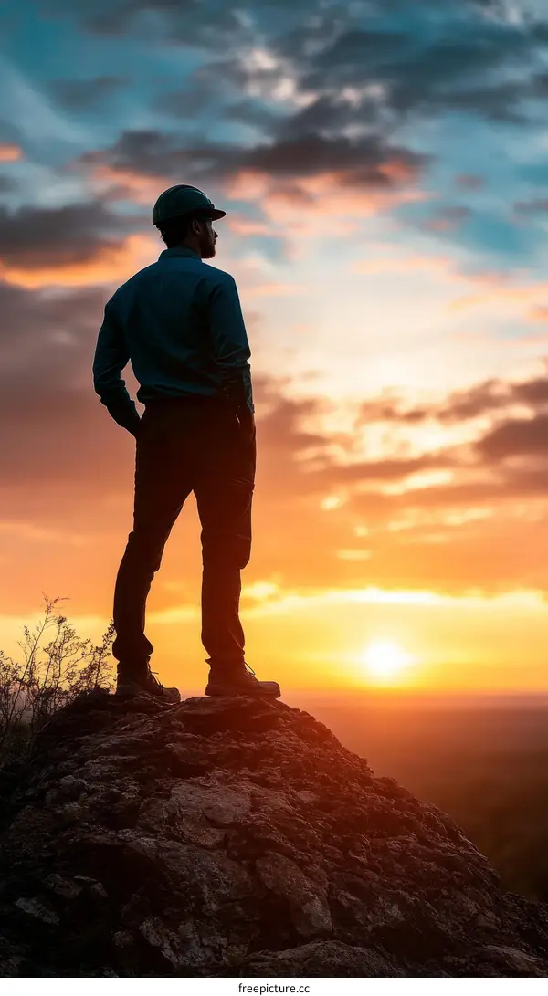 Sunrise View From Mountaintop With Silhouette Figure