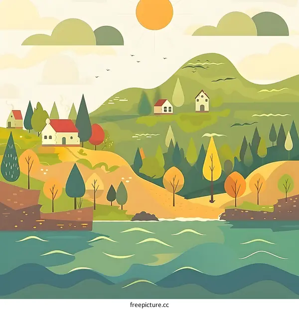 Illustrated Landscape with Houses and a Lake