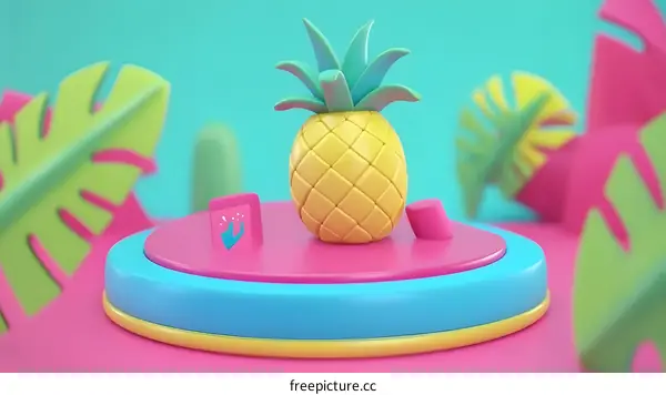 3D Rendered Pineapple Fruit with Tropical Leaves on Colorful Background