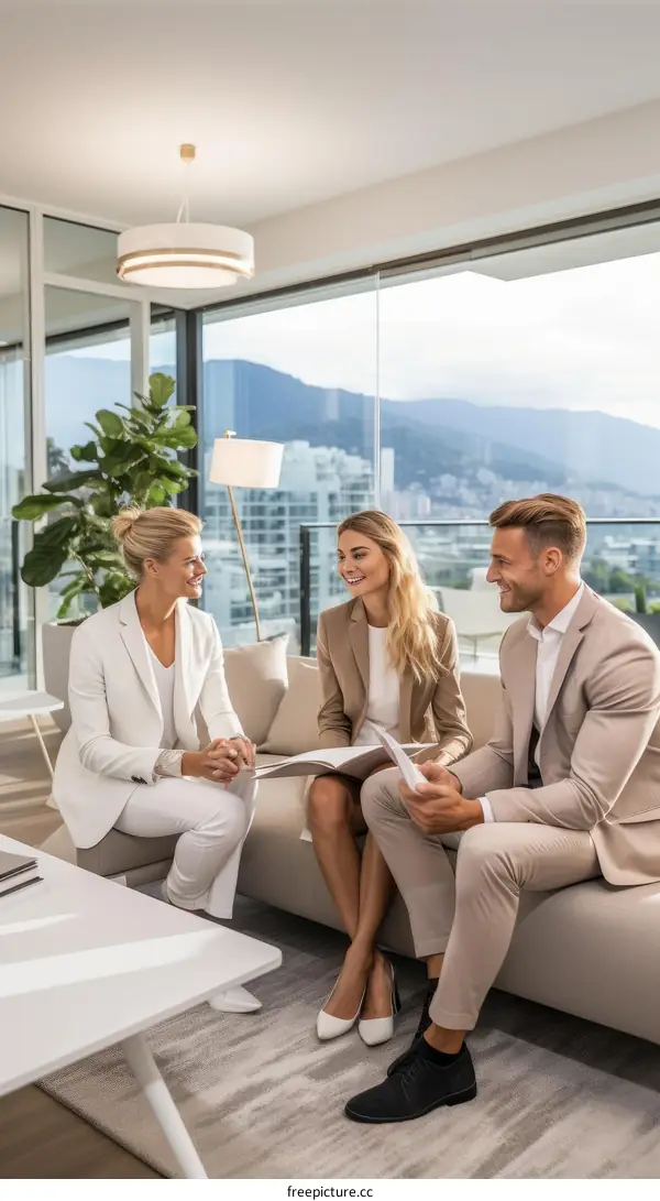 Three people in suits sitting on a couch talking