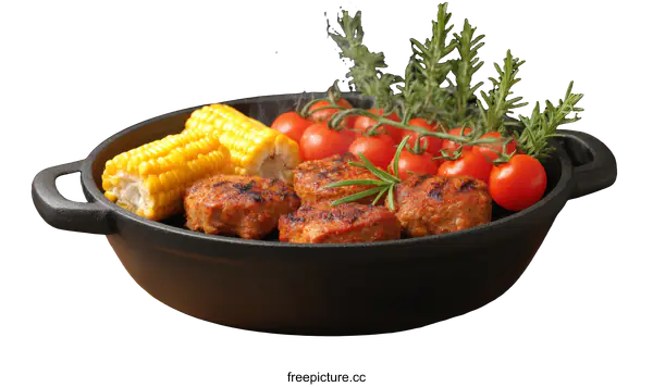 [Transparent Background PNG]Grilled Meatballs with Corn and Cherry Tomatoes in Cast Iron Pan
