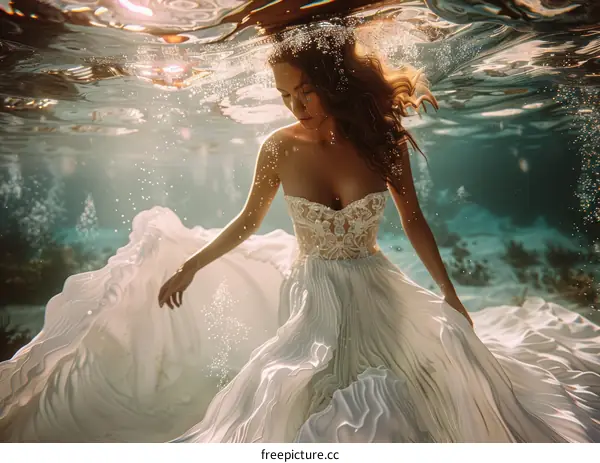 A bride wearing a wedding dress underwater photography