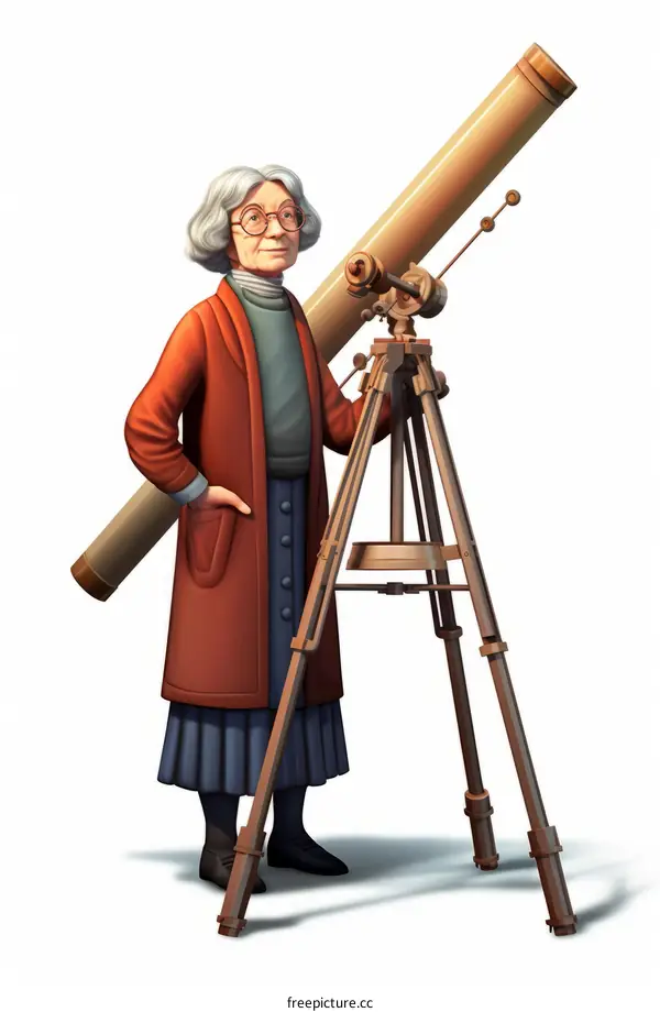 An elderly female astronomer stands next to a telescope