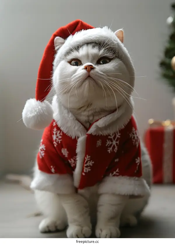 A cute cat wearing a Santa hat is sitting in front of a Christmas tree