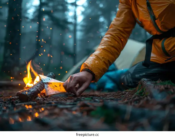 man starting a campfire in the woods
