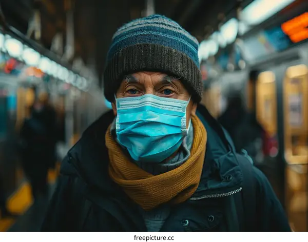 Portrait of a man wearing a mask on a subway platform