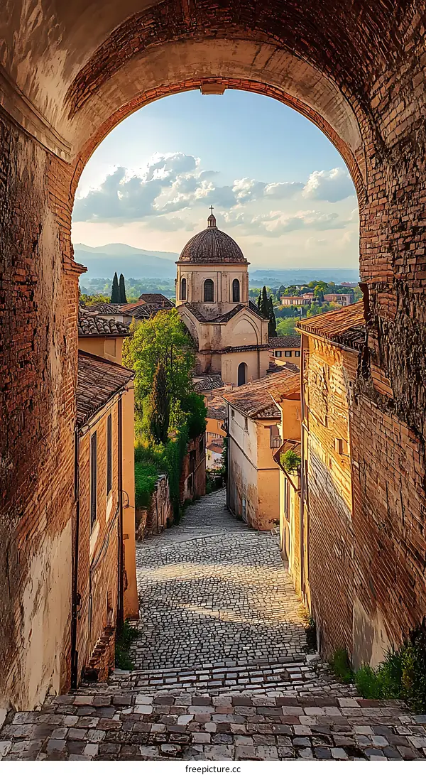Cobblestone Street Leading to a Church in a Historic Italian Town
