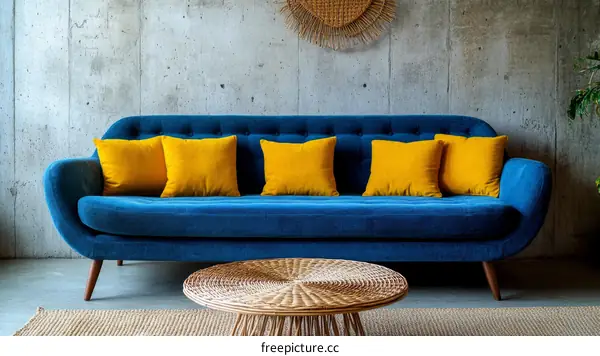 Modern Blue Sofa with Yellow Cushions in a Concrete Wall Living Room