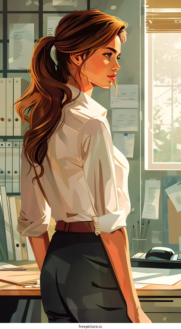Woman Standing In Office Wearing White Shirt And Looking Out The Window