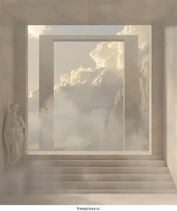 Stone Statue in Front of a Window with a View of the Mountain Landscape