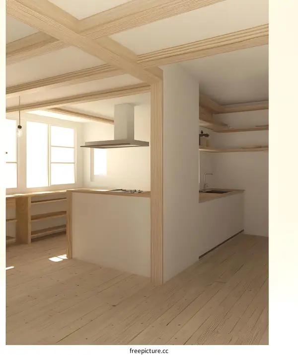 Minimalist Kitchen Design with Wooden Beams and Light Wood Flooring