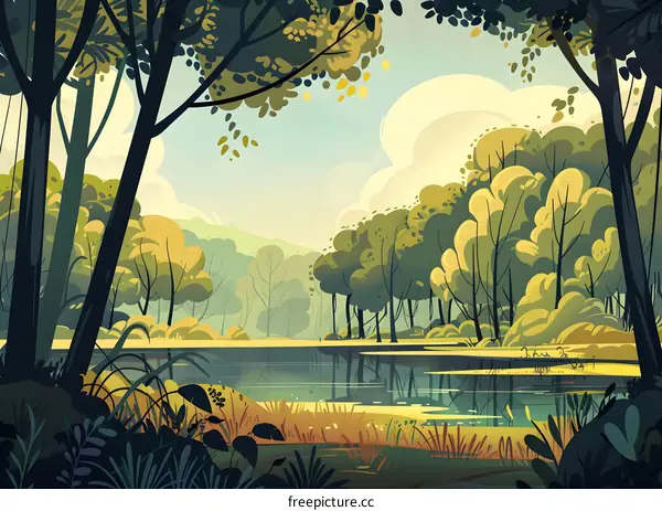 Forest Landscape With Lake and Trees