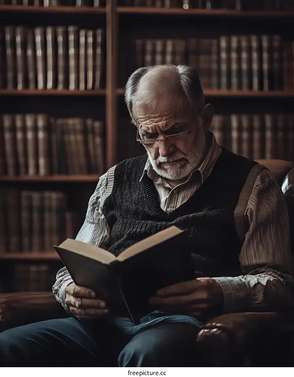 Elderly Man Reading Book in Library
