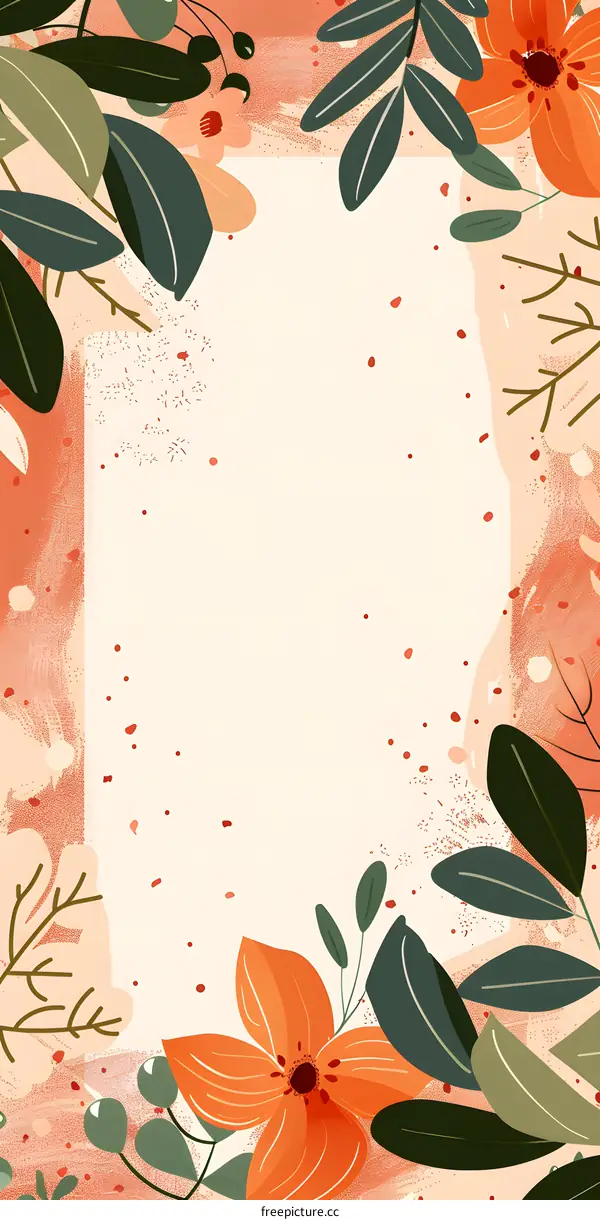 Abstract Orange Flower Illustration with Green Leaves on White Background