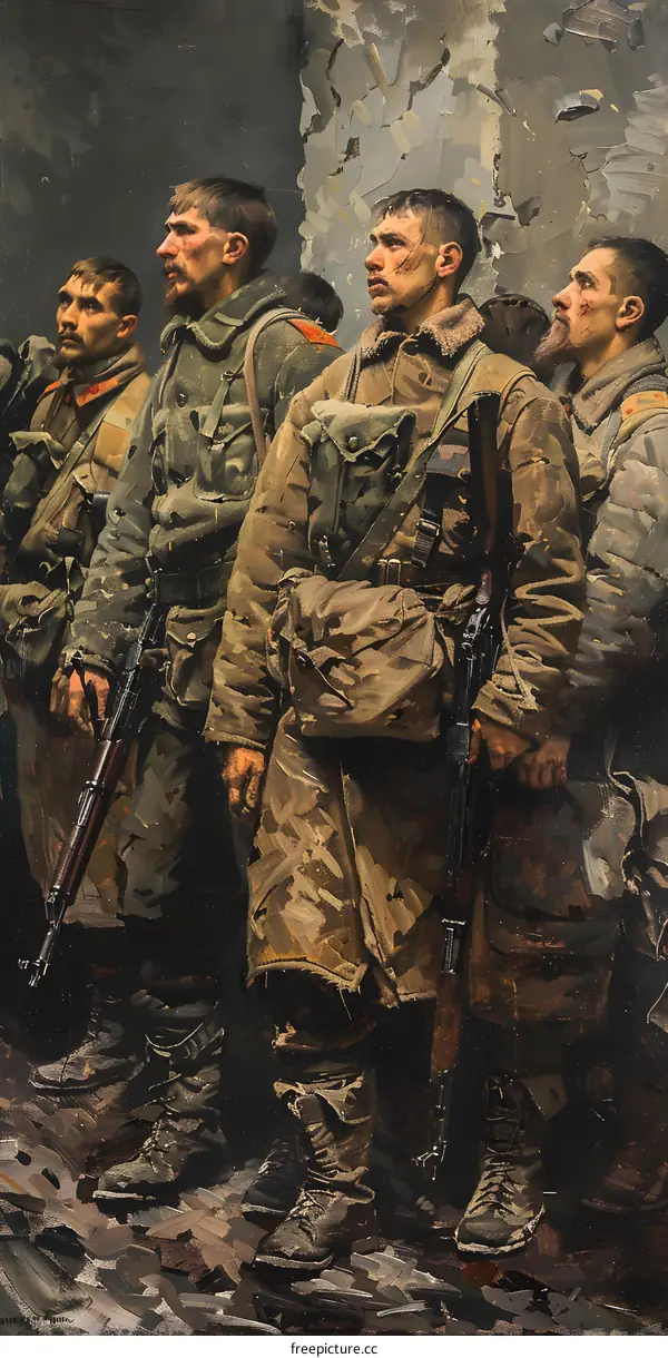 A group of soldiers in tattered uniforms stand in front of a ruined building.