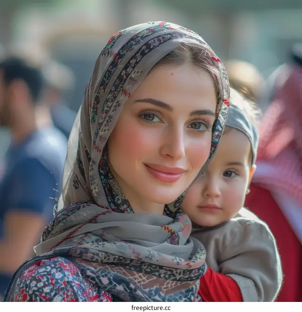A young woman wearing a hijab and a baby