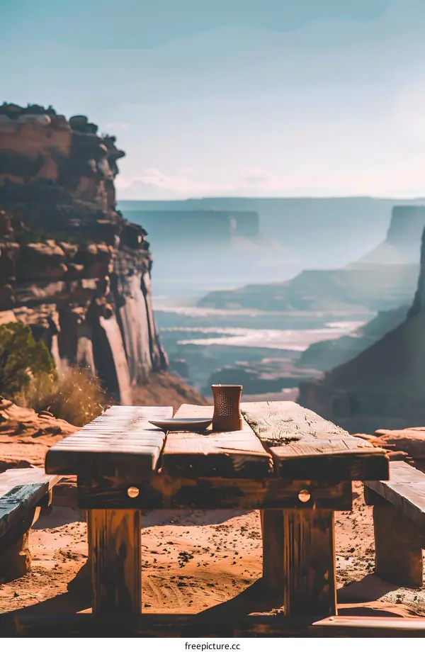 Wooden Picnic Table With Canyon View