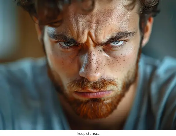 Close Up Portrait of Man with Red Hair and Beard Looking Angry