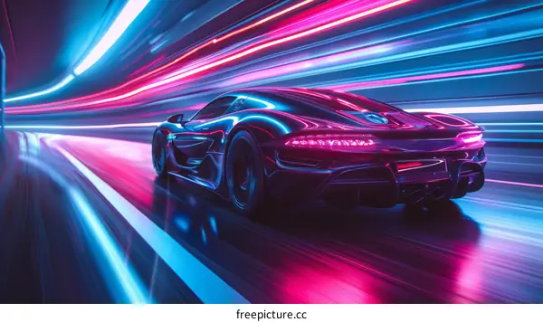 A sleek black sports car speeds through a neon-lit tunnel